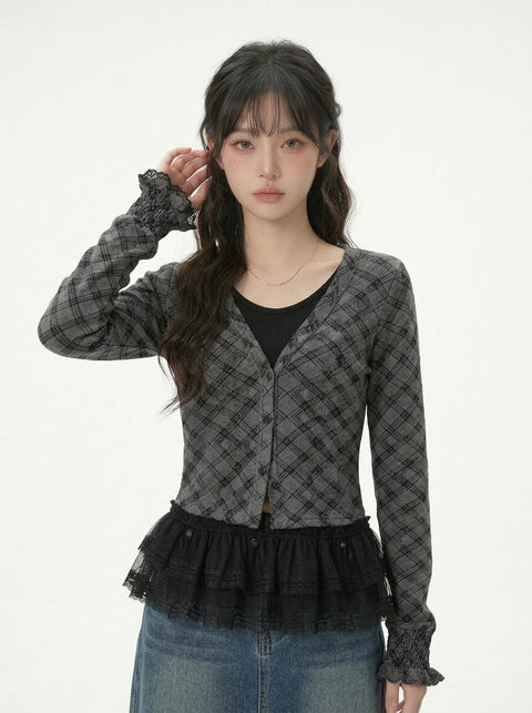 チェック レースフリルトップス