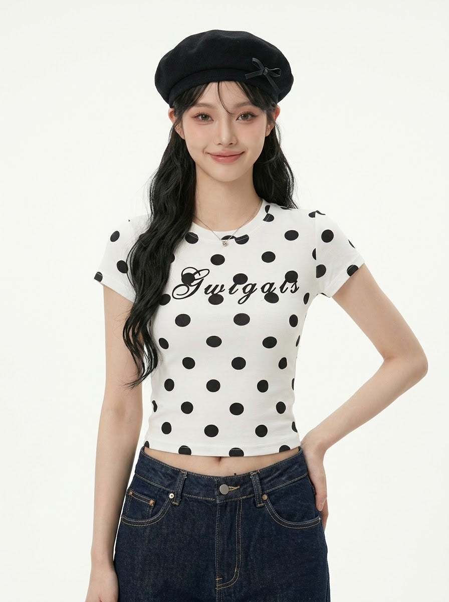 ガーリードットプリントリブTシャツ
