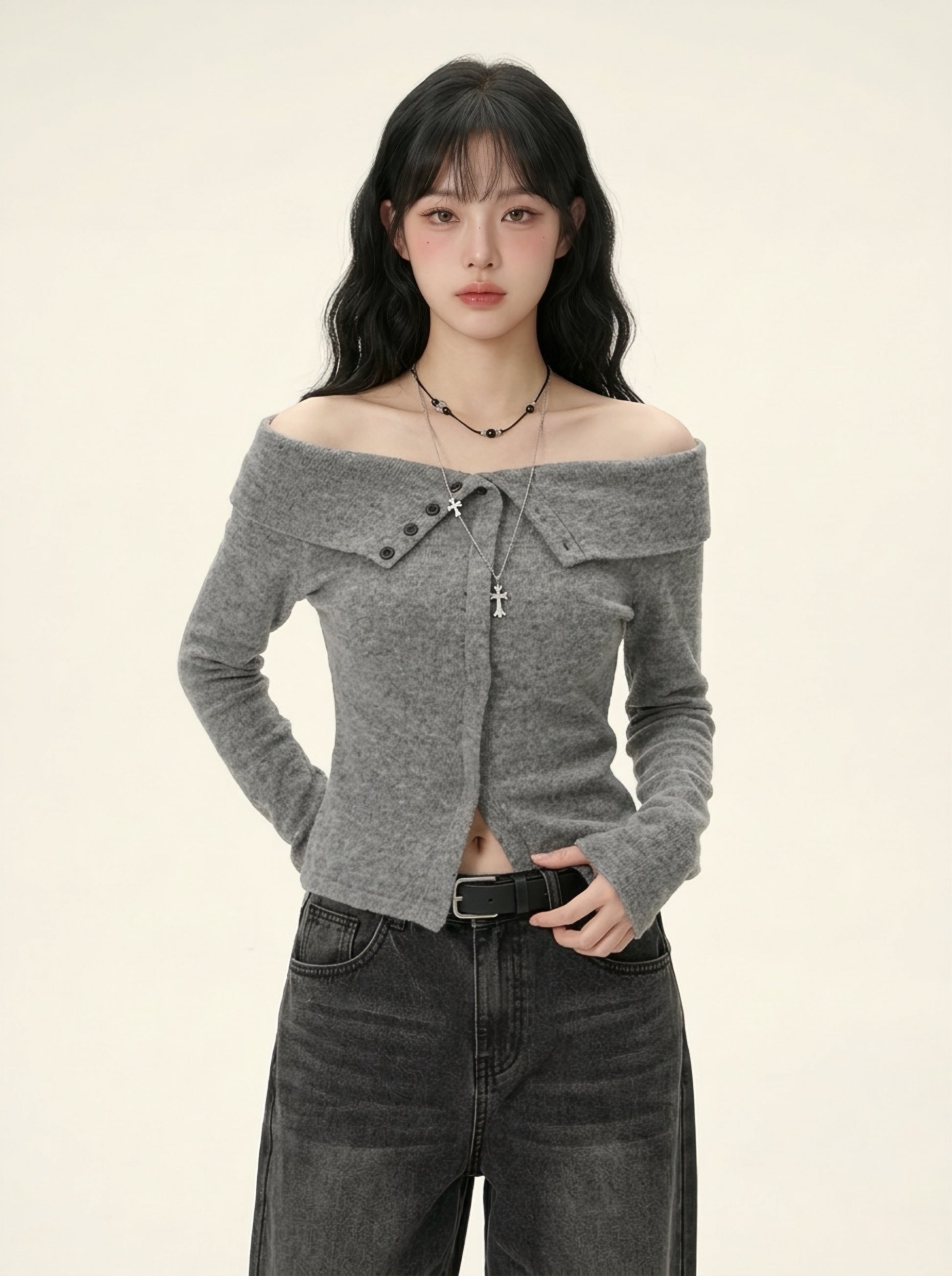 オフショルリブトップス