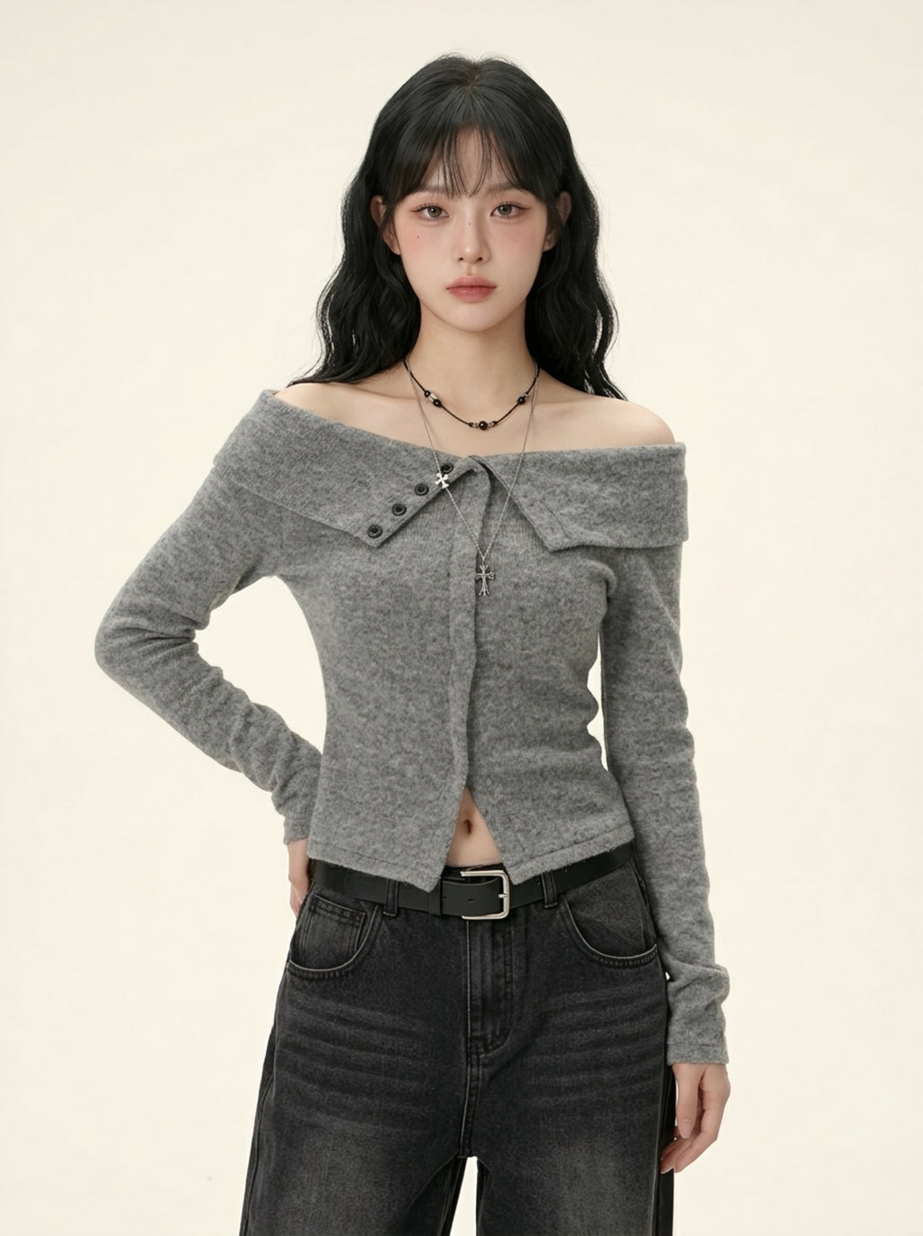 オフショルリブトップス