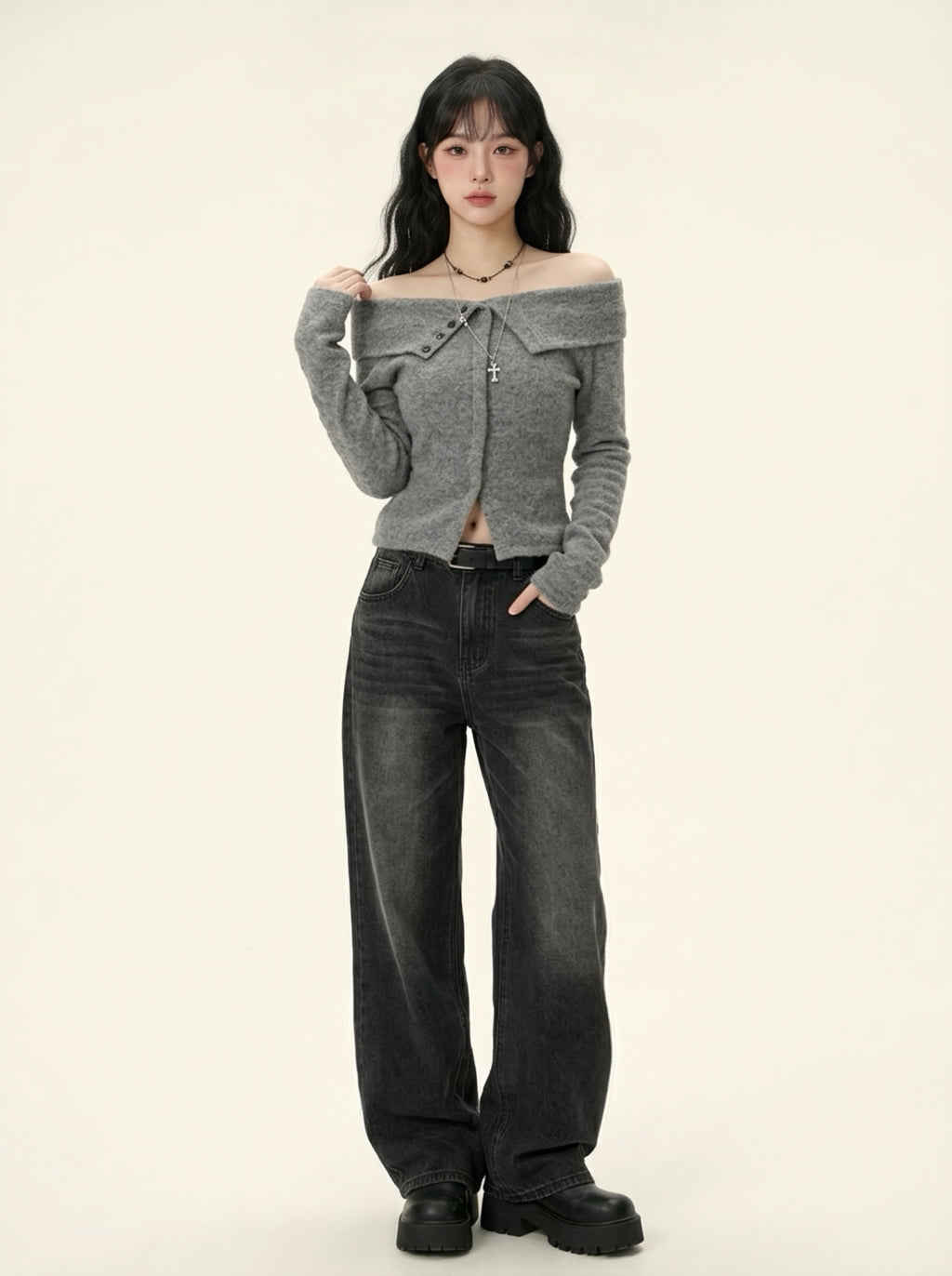 オフショルリブトップス