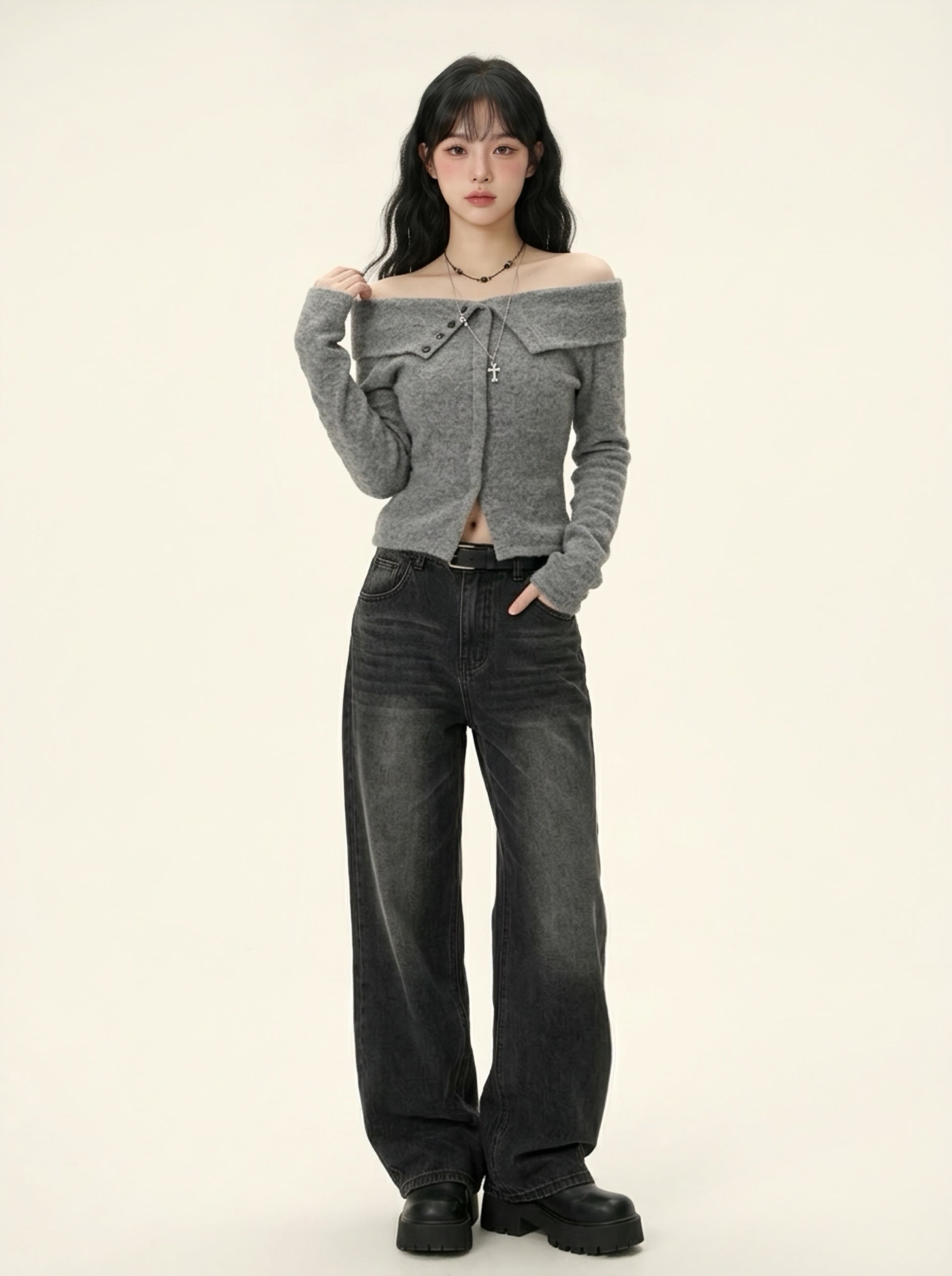 オフショルリブトップス