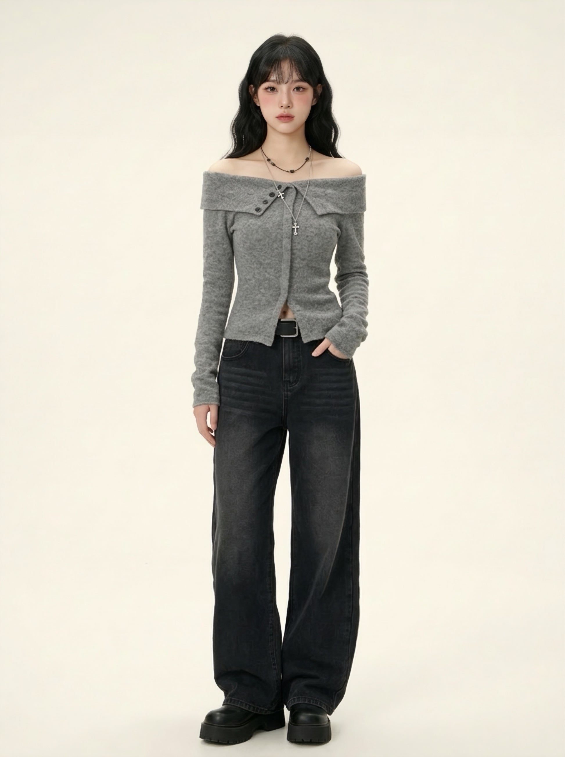 オフショルリブトップス