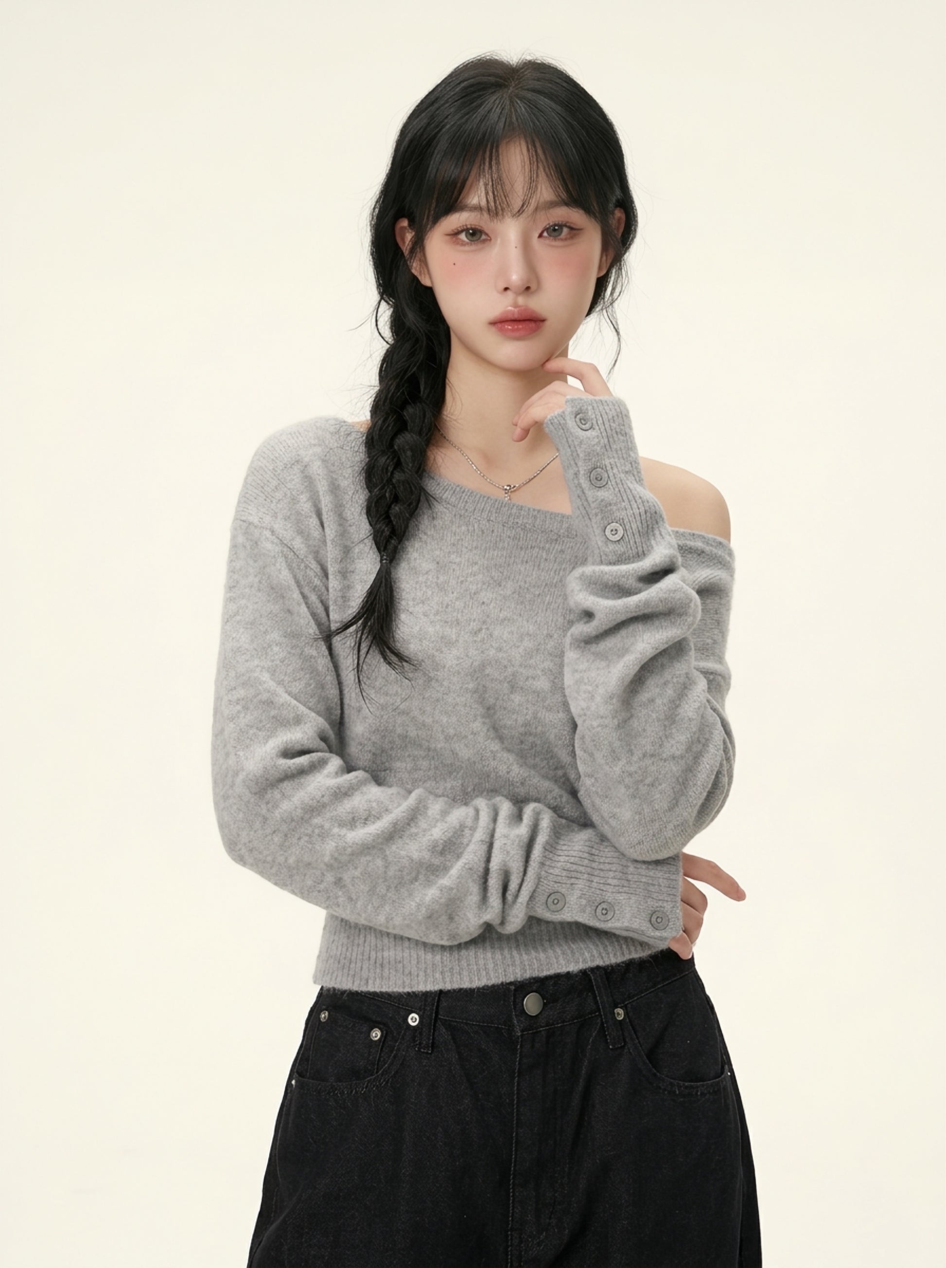 ムードグレー オフショルクロップドニット