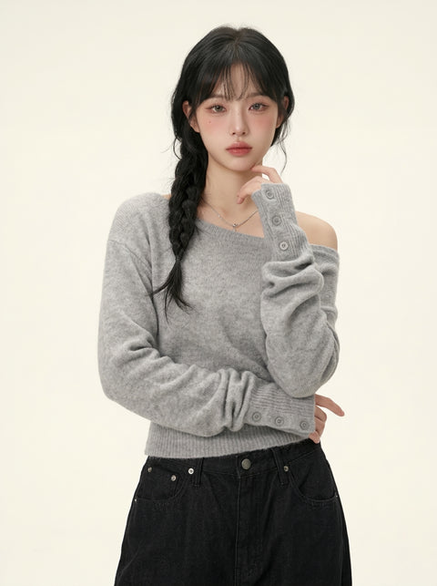 ムードグレー オフショルクロップドニット