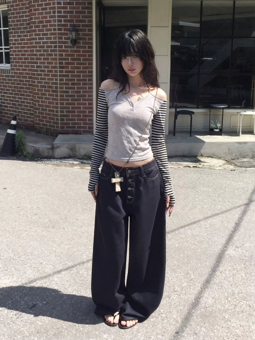 ノワールレースストライプトップ